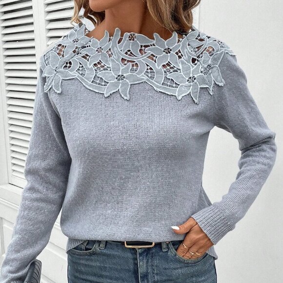 Sweaters - Grey Casual Women's Lace Patchwork Crew Neck Pullover Sweater